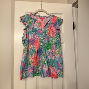 Lilly Pulitzer Golda Ruffle Sleeve Top in Celestial Bay Cay to the Heart